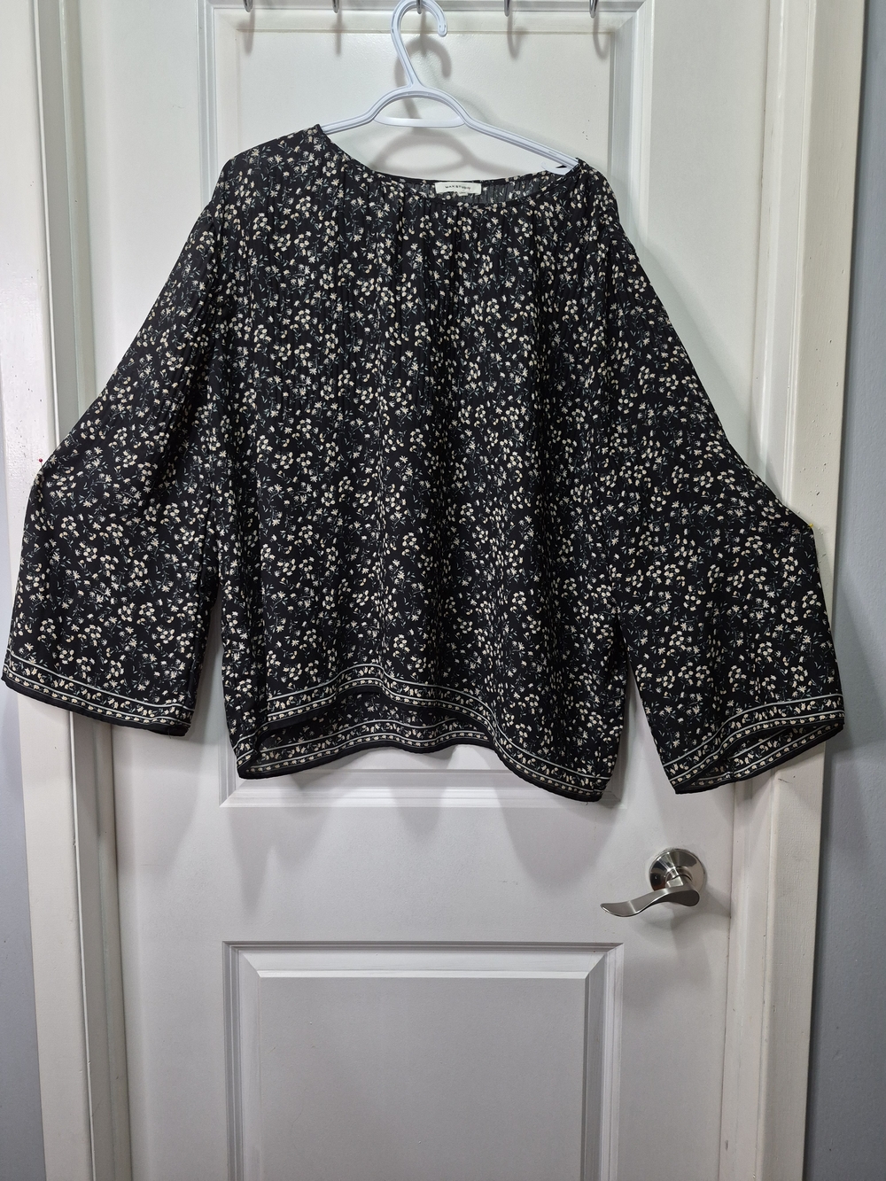 Max Studio Black Floral Border-Trim Peasant Top